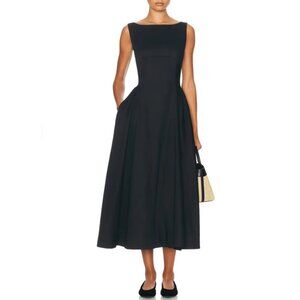 Helsa Stretch Cotton Sateen Midi Dress in black